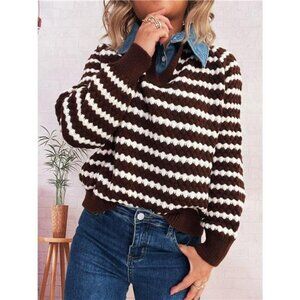 Contrast Striped Sweater with Denim Collar